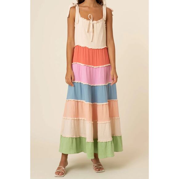 FRNCH Paris Multicolor Tiered Maxi Dress Boho Rainbow Women’s S - Picture 1 of 8